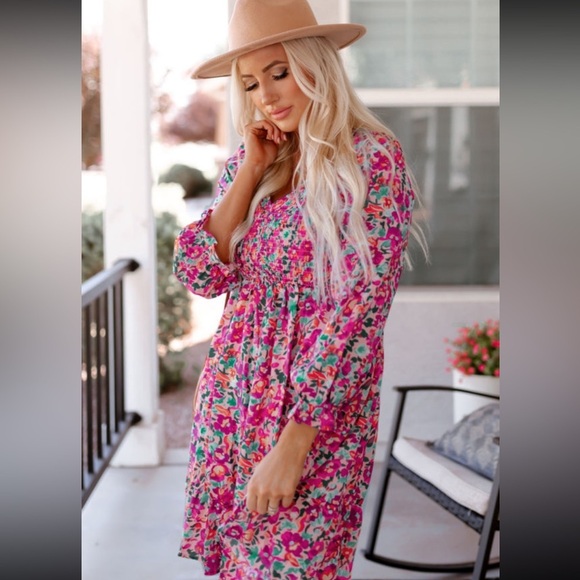 Fuchsia Smocked Puffy Sleeve Floral Drop Waist Dress - Picture 3 of 10